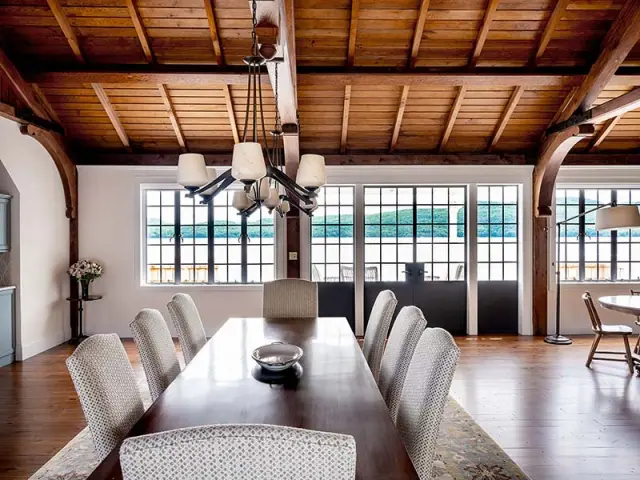 Dining room and lake view from a Lake George Boat House